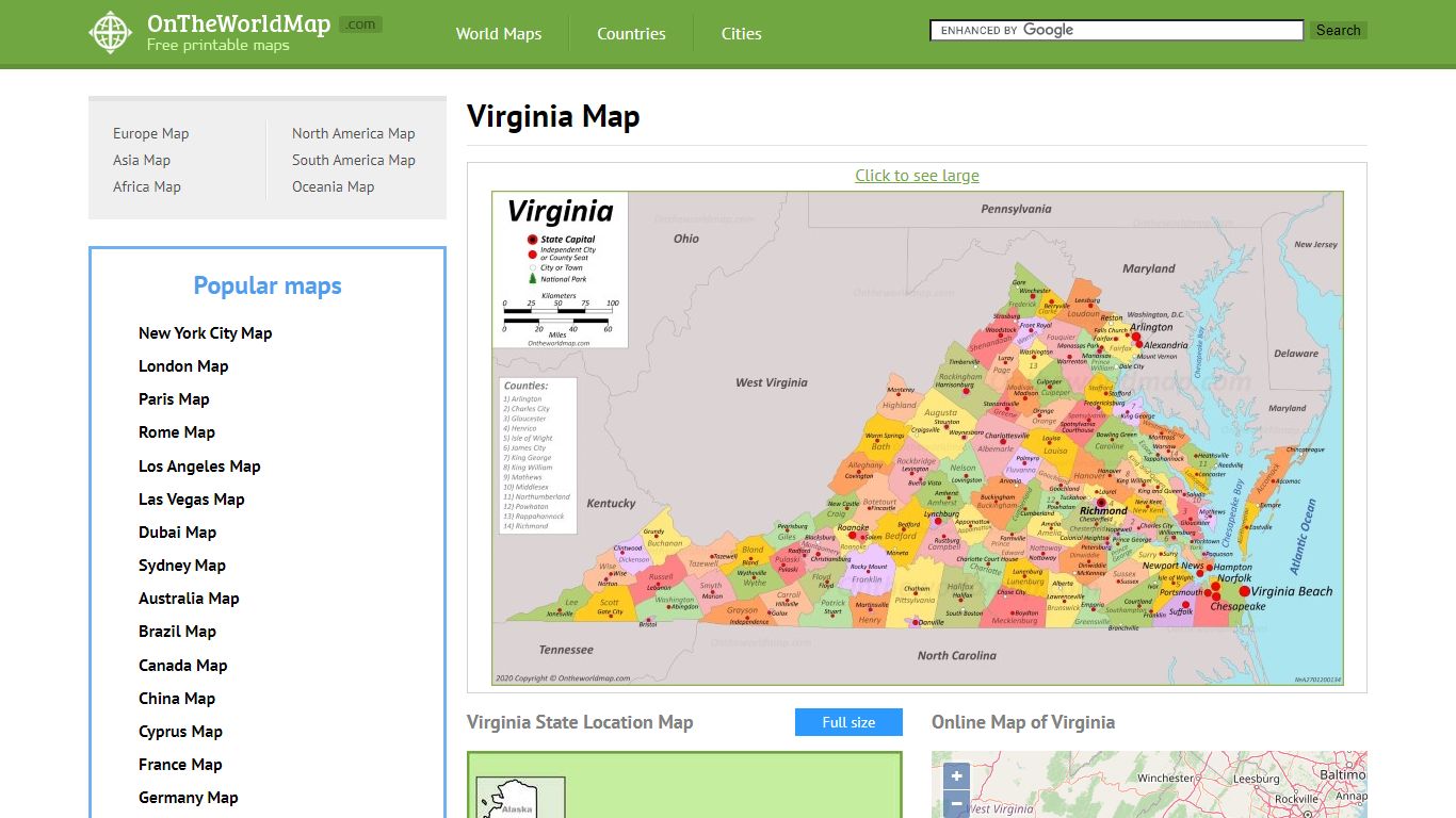 Virginia State Map | USA | Maps of Virginia (VA) - Ontheworldmap.com